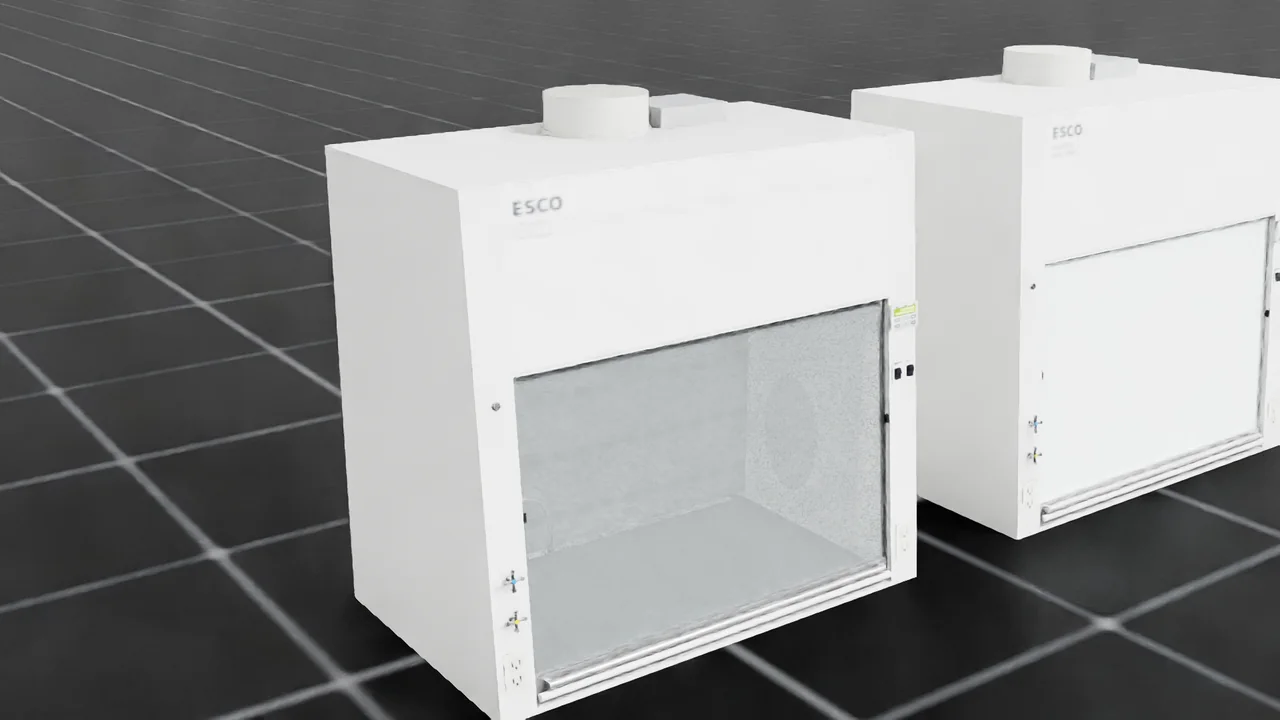 Two fume-hood instances rendered in Isaac Sim, one with the sash raised
